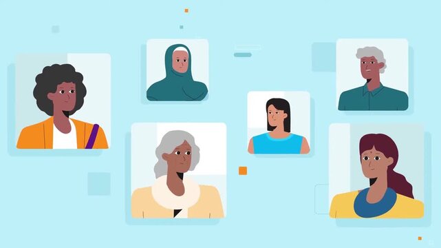 2D animation showing multiple diverse avatar profile pictures floating on a blue screen network community concept