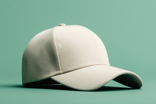 stylish beige baseball cap on green background