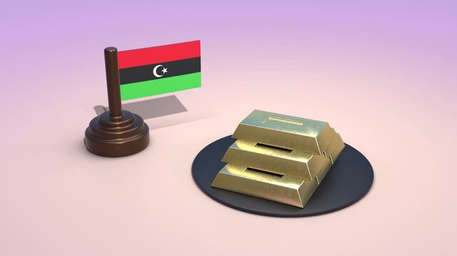 Libyan flag with gold bars, national economy and wealth concept, 3D render of Libya financial reserves and treasury assets