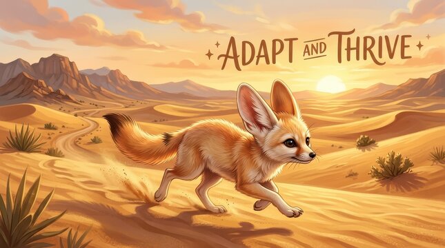 Adorable fennec fox runs across a sandy desert landscape at sunset with mountains and the text 'Adapt and Thrive'