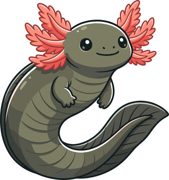 Cute axolotl creature, kawaii cartoon style, pink frilly gills, smiling expression, ideal for children's illustrations and educational content