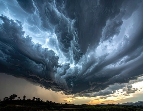 Dramatic storm clouds gather over a landscape at sunset.