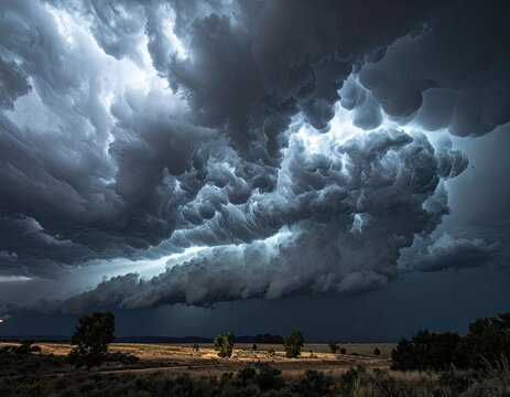 Dramatic storm clouds with mammatus formations loom over a dry landscape.
