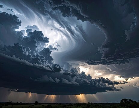 A dramatic sky filled with dark, swirling storm clouds illuminated by lightning and shafts of sunlight.