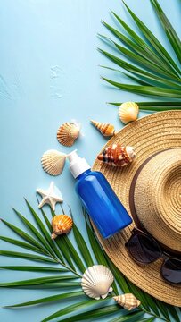Summer beach essentials laid out on a blue textured background.