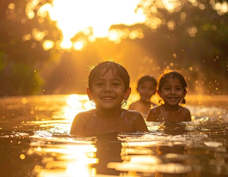 Children joyfully playing in sun-dappled water during golden hour.
