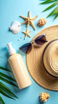 A flat lay composition of summer beach essentials on a vibrant blue background.
