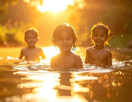 Three children happily splashing in sun-drenched water during golden hour.