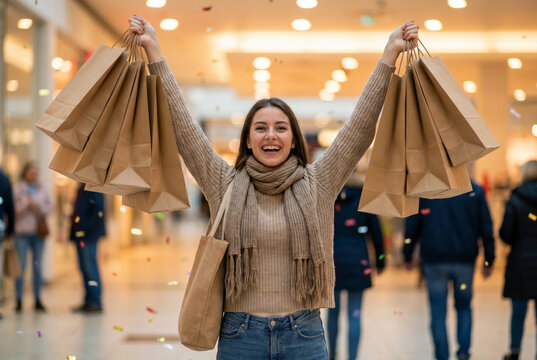 Young woman celebrates successful Black Friday shopping by raising multiple bags with a joyful expression in a busy mall. Shopping success and sale concept