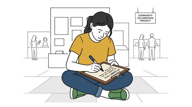 Creative young artist writing exhibit titles on a clipboard during a community co-creation project at an art gallery