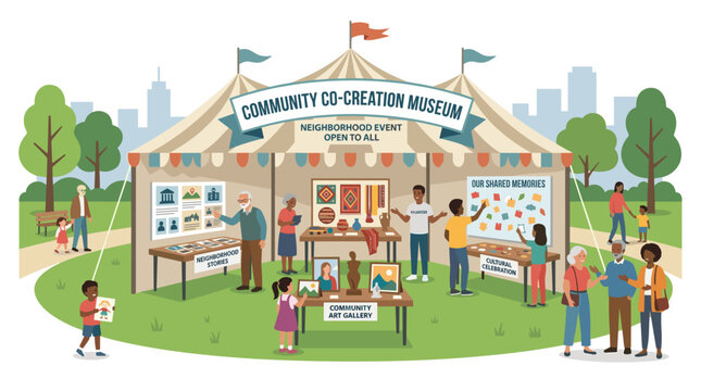 Flat vector illustration of a diverse community co-creation museum event in a public park showcasing local art and stories