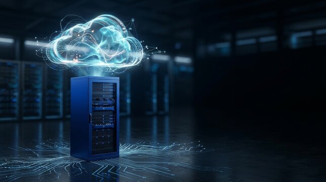 Cloud Migration and Scalable Digital Infrastructure, Digital cloud computing concept with server and illuminated data connections.