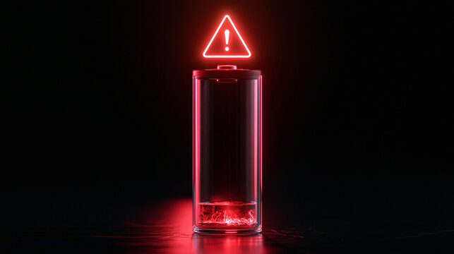 A glowing red low battery icon with a warning sign floats above a glass battery cylinder in the dark. Conceptual imagery for energy depletion issues.