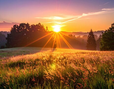 Golden sunbeams radiate across a misty meadow at sunrise.