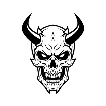 Black and white horned demon skull vector illustration design