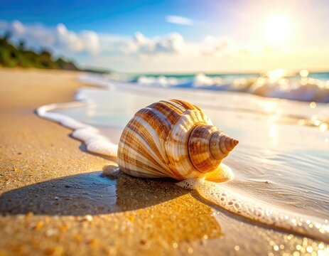 A seashell rests on a sandy beach as gentle waves lap the shore under a sunny sky.
