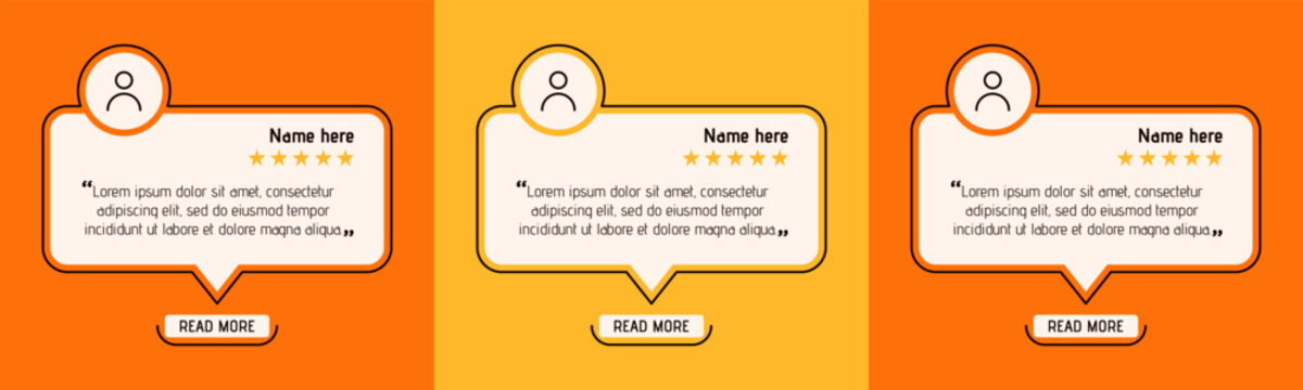 Social media yellow and orange testimony layouts drawn at speech bubble shapes.