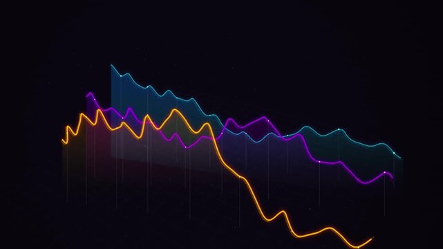 Dynamic 3 d financial line charts with glowing neon trends for data analysis and business growth visualization