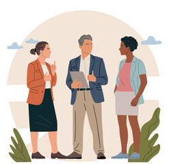 Obraz premium Three individuals stand together outdoors, engaged in conversation. Woman gestures thoughtfully while speaking. Man holds a tablet, appearing attentive and involved. Another woman listens