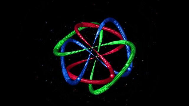Abstract geometric torus knot animation, colorful 3D interlocking rings on black background, vibrant mathematical physics visualization