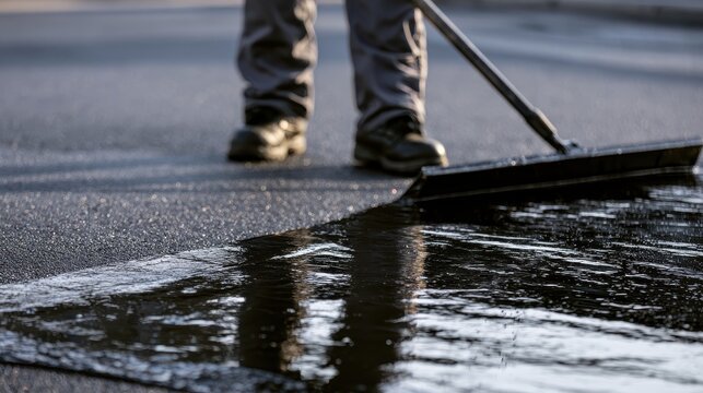 A construction worker spreading liquid asphalt with a squeegee tool under bright sunlight. Perfect for highway paving and road maintenance stock photography.