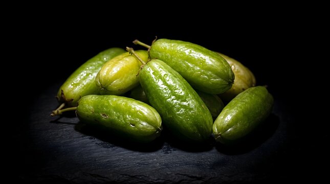 Fresh bilimbi fruits arranged on a dark stone background for food styling