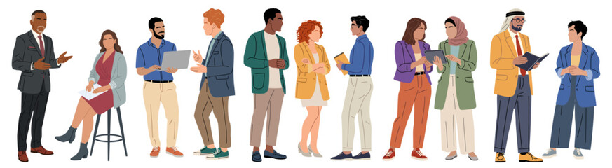 Fototapeta premium People stand together, engaged in conversation or work. Diverse group shows calm focus, mutual respect, or teamwork. Vector style gives clean, modern look suitable for presentations