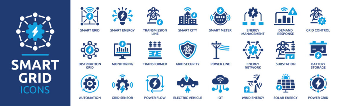 Smart Grid Icons Set, Smart Energy, Power Grid, Energy Management, Smart Meter, Transmission Line and Renewable Energy. Electricity Network Vector Solid Icons Collection.