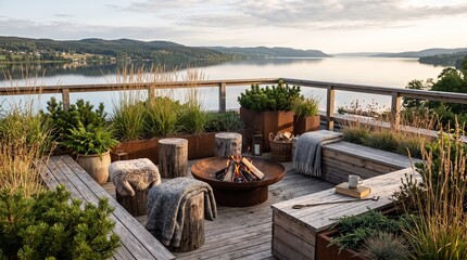 Fototapeta premium Rooftop Terrace with Fire Pit and Scenic Lake View at Sunset.