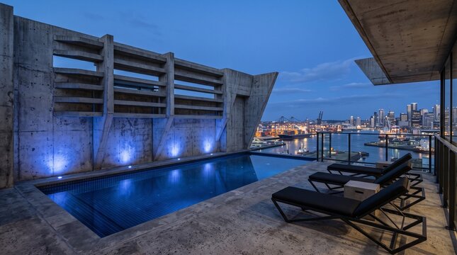 Luxury Rooftop Pool with City and Harbor Views at Dusk.