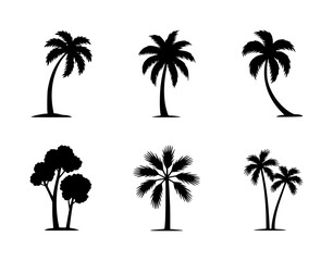 Naklejka premium Collection of black silhouette palm trees and other trees on white background