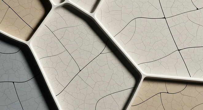 Abstract geometric pattern with cracked surface textures divided by thick white raised frame borders