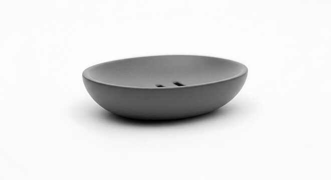 Empty grey oval soap dish sitting on a clean white background for bathroom decor