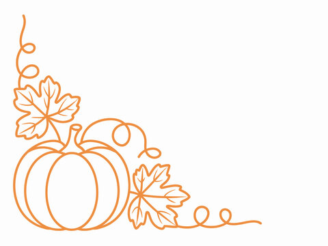 Decorative autumn pumpkin corner border with maple leaves and swirling vines on white background
