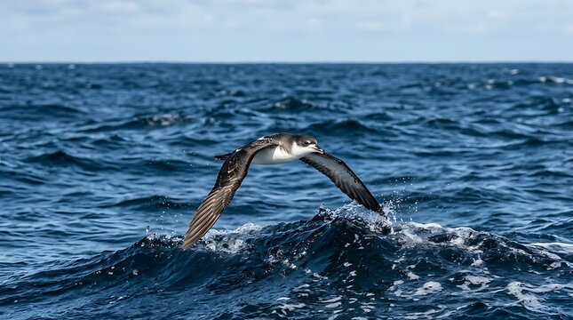 A majestic shearwater bird glides gracefully above the deep blue ocean waves during daylight, showcasing its impressive wingspan and hunting for prey