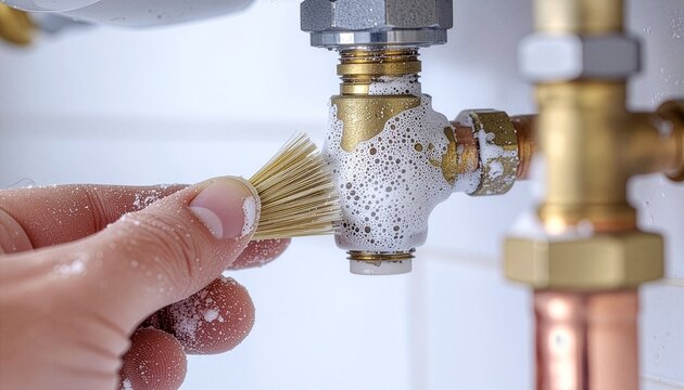 Professional plumber testing gas pipe joint for leaks with foam
