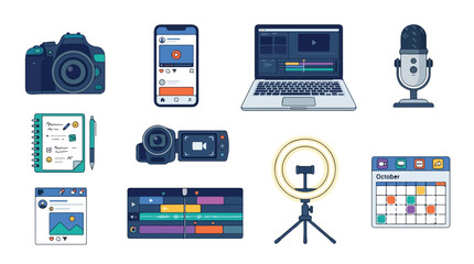 Fototapeta premium Vector Icon Set for Digital Content Creation and Media Production in Modern Flat Style Featuring Cameras Microphones and Editing Tools