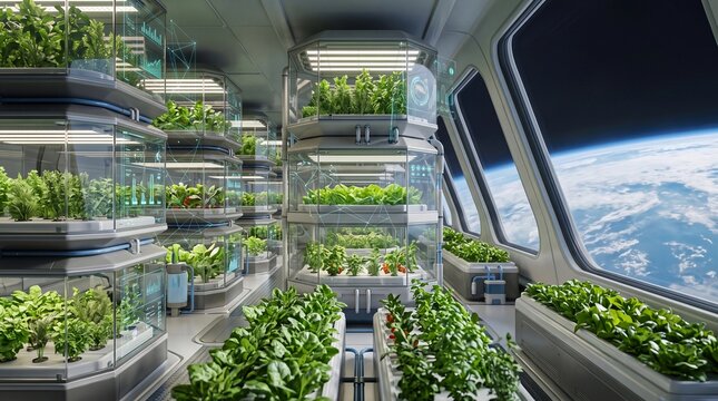 Futuristic orbital space station hydroponic vertical farm module cultivating fresh crops with Earth view