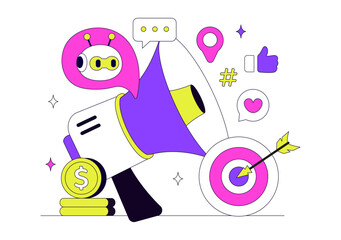 Fototapeta premium AI Marketing Vector Illustration Featuring Smart Robot, Digital Advertising, Analytics, Target Strategy and Business Growth