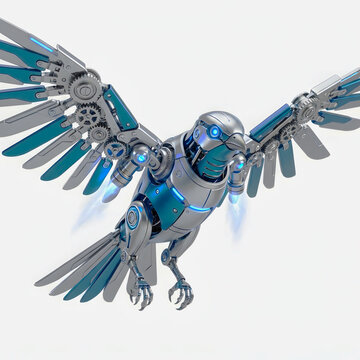 Mechanical robotic bird with chrome wings and blue neon light flying in mid air gracefully.