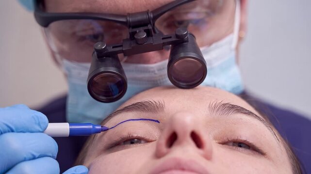 Surgeon in magnifying loupes drawing surgical markings on a woman's eyelid. Close-up of patient preparation for blepharoplasty cosmetic surgery. Plastic surgery clinic procedure