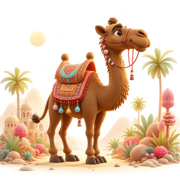Cute Brown Camel in Colorful Arabian Desert, 3D Cartoon Animation Art,,,