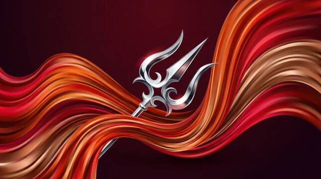 Silver trishula of goddess durga on abstract red and gold flowing waves trident generated using ai