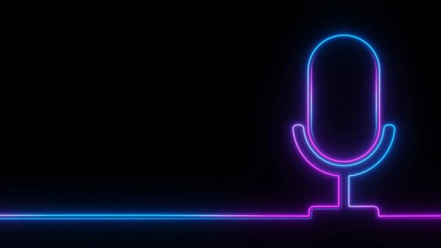 Neon microphone icon background, glowing line art mic, podcast recording studio animation, glowing neon audio equipment, voice record element, isolated dark background