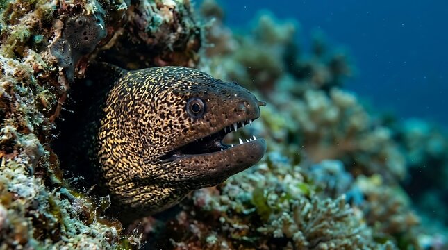 Moray eel with sharp teeth emerging from a coral reef under the deep blue ocean water