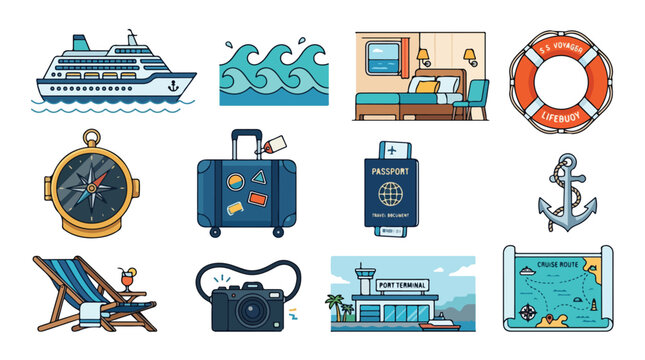 Vector Set of Travel and Cruise Icons with Nautical and Vacation Elements in Modern Flat Style