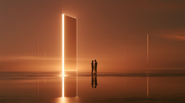Two people standing beside a glowing vertical portal on a reflective surface at sunset, creating a cinematic futuristic scene symbolizing connection, opportunity, discovery and a journey toward the un