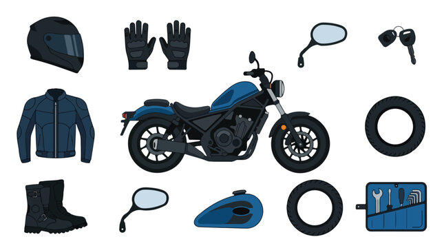 Modern Vector Motorcycle Gear and Accessories Set Featuring Helmet Gloves Jacket Boots Tires and Tools in Flat Style