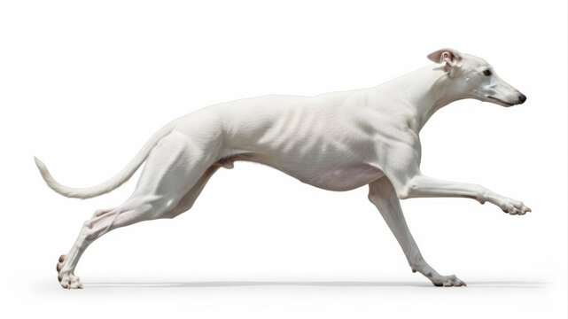White dog running gracefully outdoors