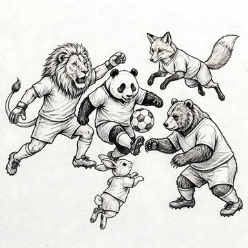 Anthropomorphic Animal Soccer Team Sketch Featuring Lion, Panda, Fox, Bear and Rabbit Players